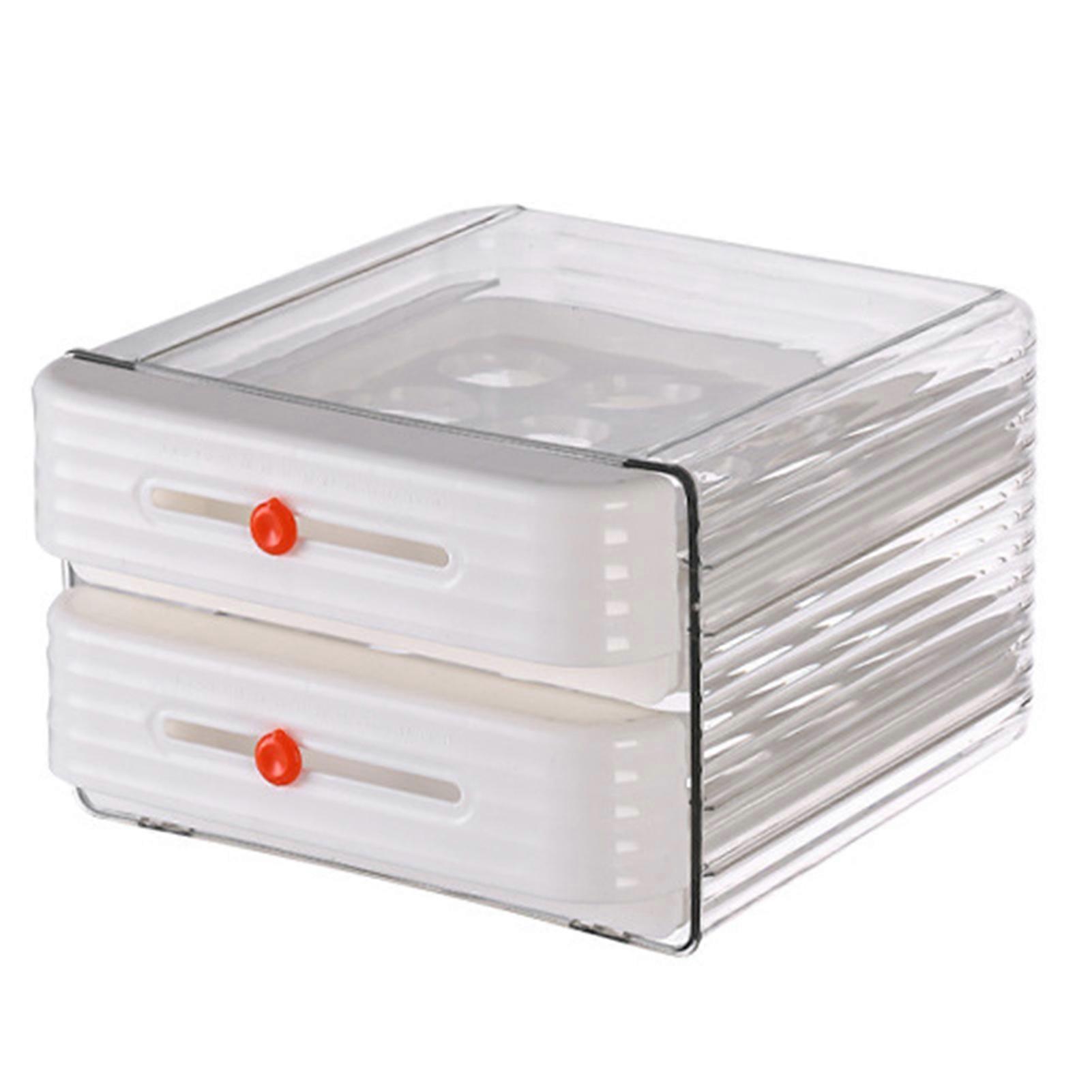 2-Layer Stackable Refrigerator Egg Storage Organizer with Data Slider 32 Grids Drawer Type Egg Holder BPA Free Clear Plastic Fridge Storage Bin