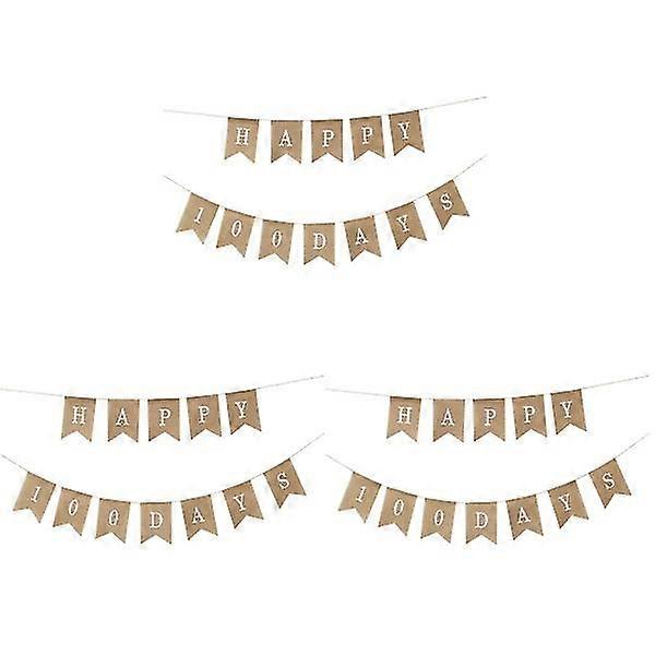 3 Pcs  Swallowtail Flag Bunting Burlap Banner For Baby Of 100 Days (khaki)