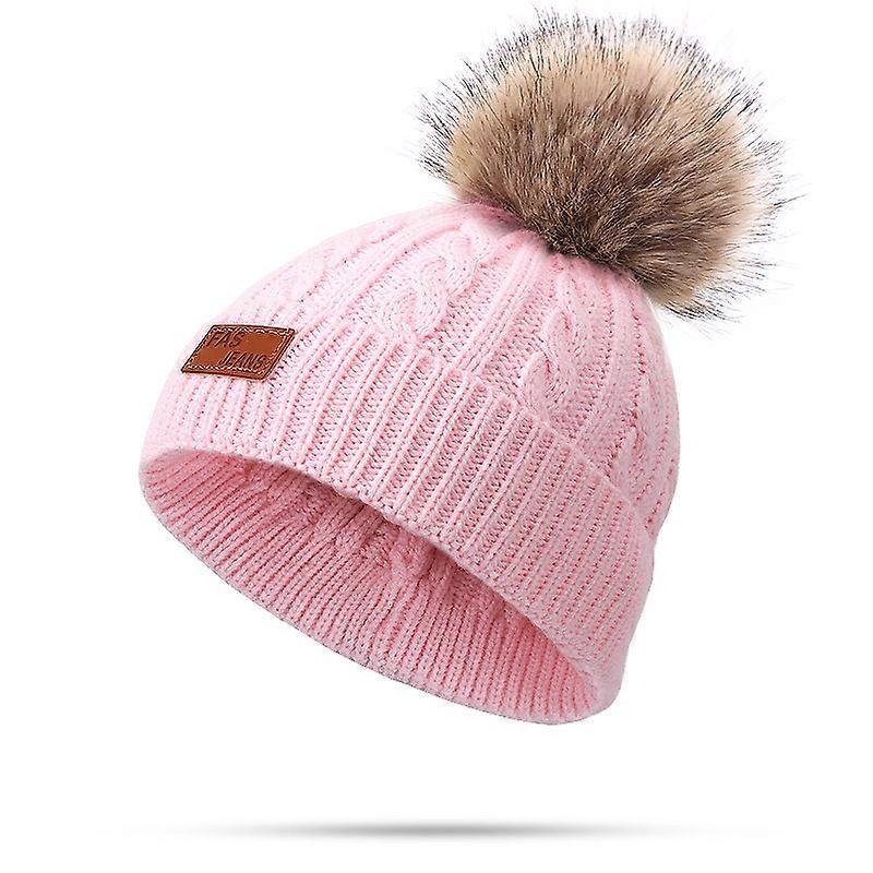 Toddler Woolen Hat Winter Twist Single Pom Pom Knitted Beanies Cap Pink