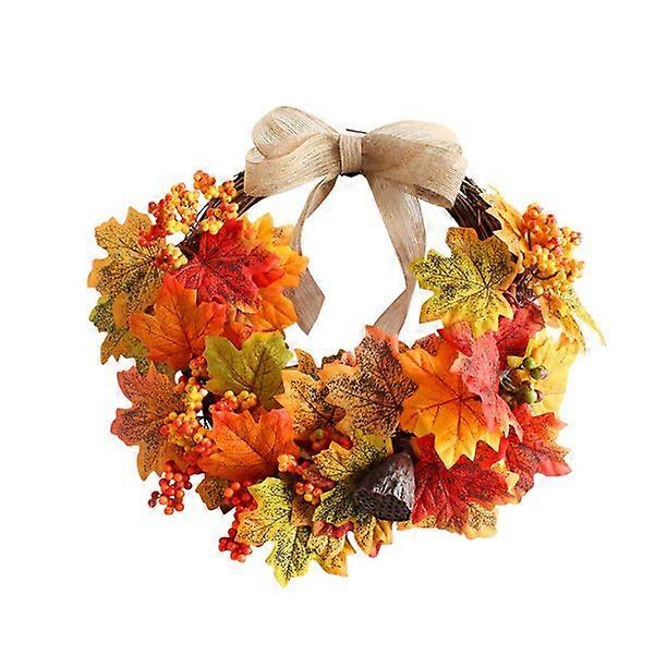 Fall Wreath - Artificial Maple Leaf and Red Berries with Bow for Wall Decor