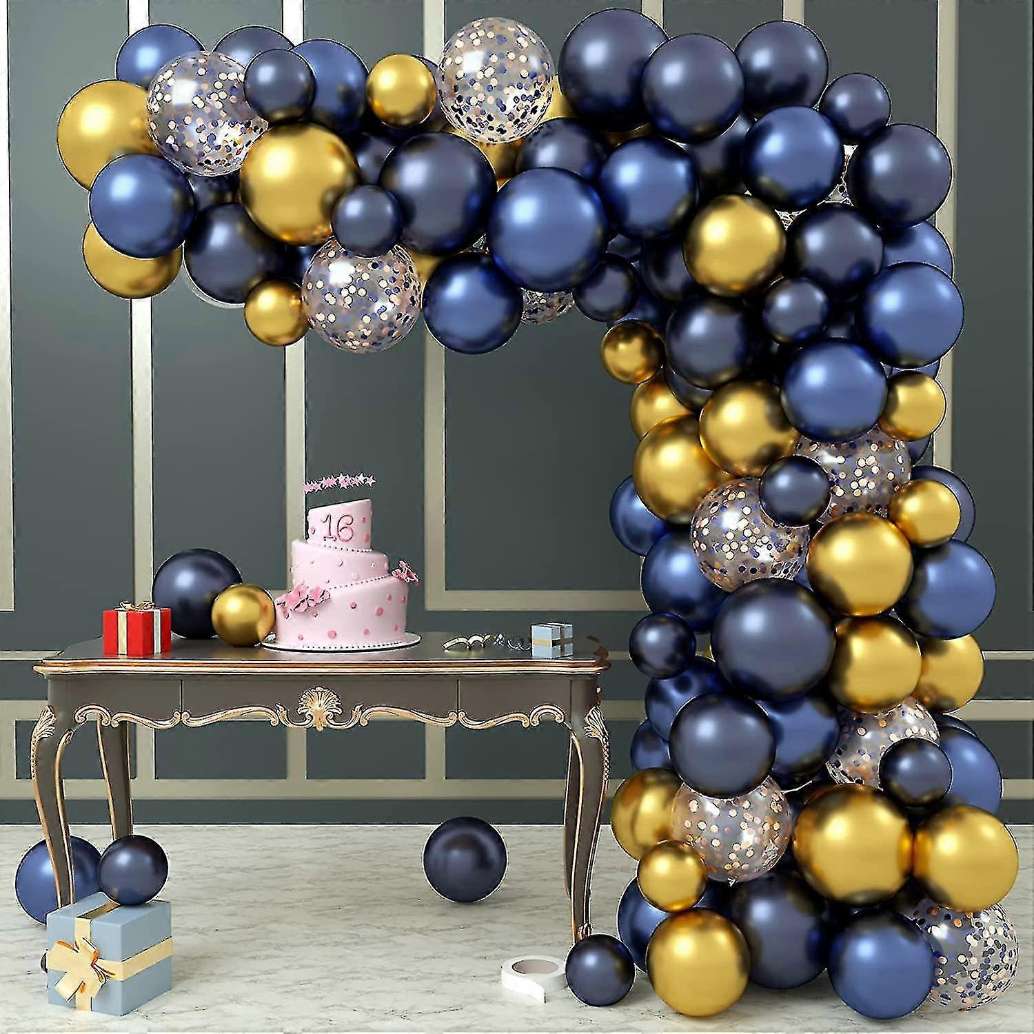 بالون قوس كيت، 100pcs الأزرق بالون إكليل كيت عيد ميلاد حزب الديكور، الأزرق الداكن الكروم الذهب والبالونات قصاصات، بالونات عيد ميلاد لحفل زفاف