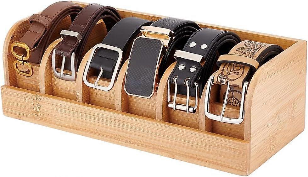 Bamboo Belt Organizer Holder with 6 Compartments Belt Storage Display Stands for Closet Drawer Rectangle BurlyWood 35x15.2x11.6cm