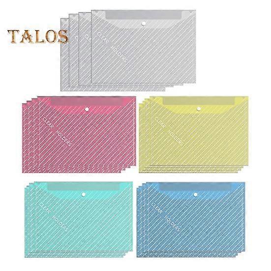 20Pcs Document Bag A4 Size Plastic Wrap Waterproof File Folders Translucent Snap Button Bright Color Scratch-resistant File Organizers