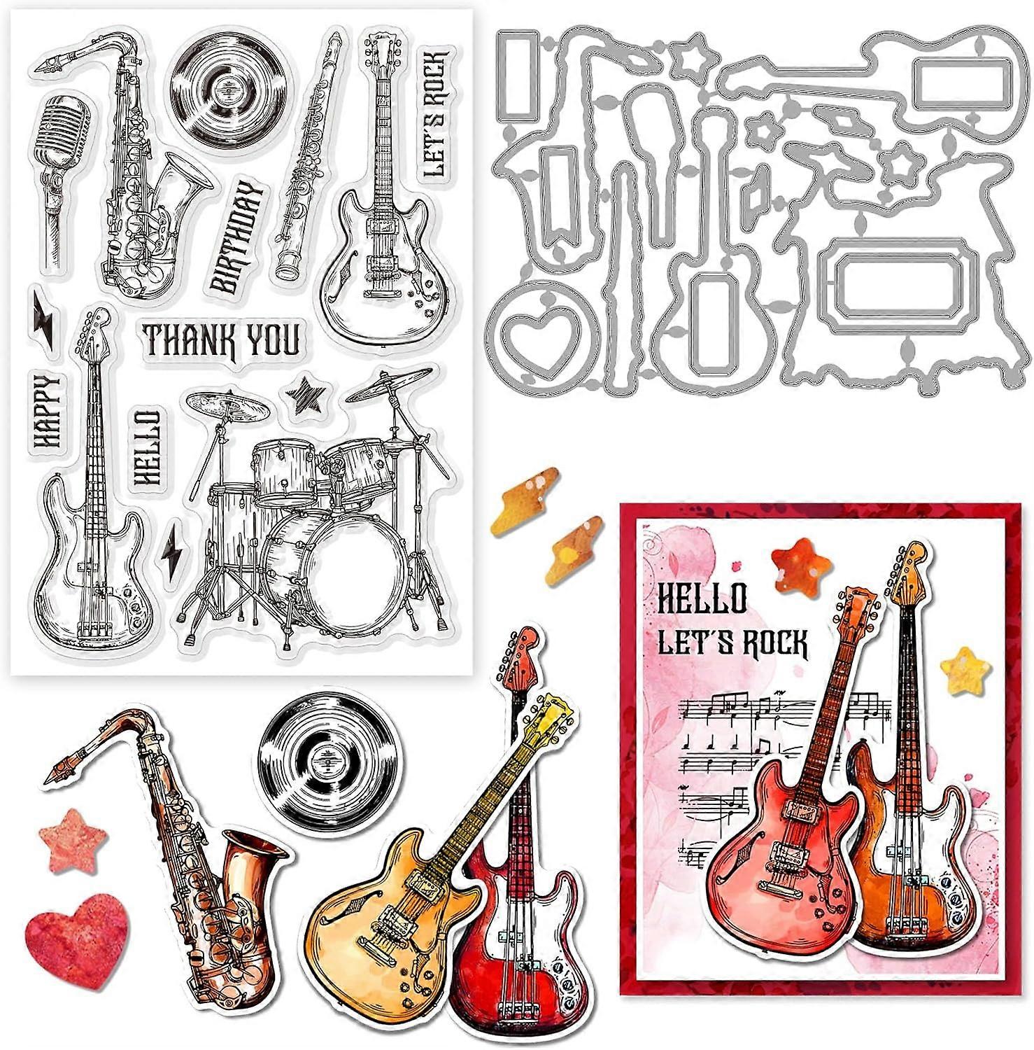 2Pcs Musical Instrument Clear Stamps and Cutting Dies Silicone Clear Stamps Cards and Metal Die Cuts for Card Making and DIY Embossing Scrapbooking