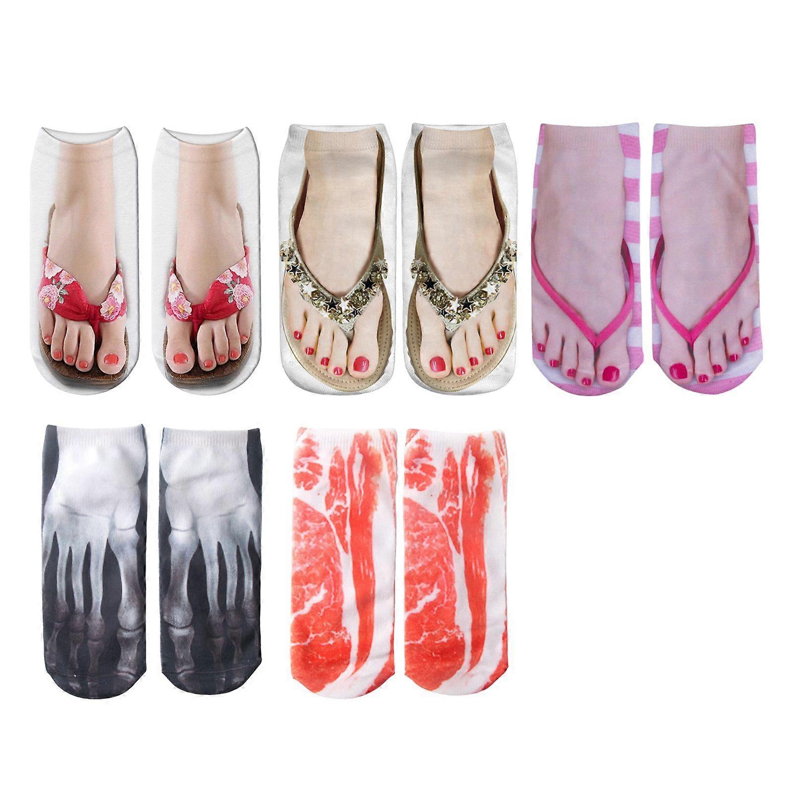 5 Pairs 3D Flip-flop Print Socks Women Funny Slipper Socks Nail Art Printed Socks High Elastic Ankle Socks