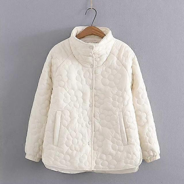 Plus Size Women's Winter Jacket With Stand Up Collar Placket With Buttons And Floral Quilting With Cotton Sandwich In The Middle