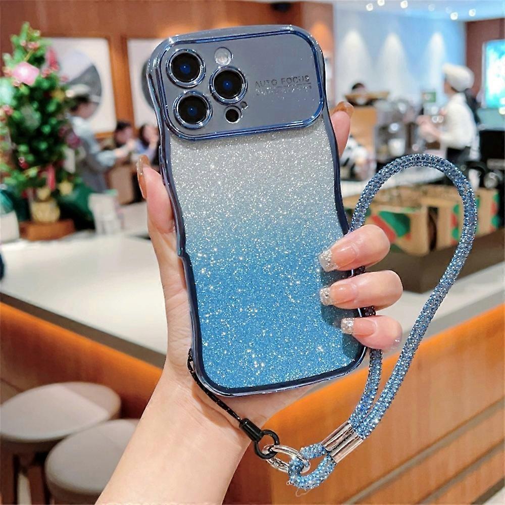 For iPhone 16 Pro Max Case with Strap Gradient Glitter Electroplating TPU Phone Cover