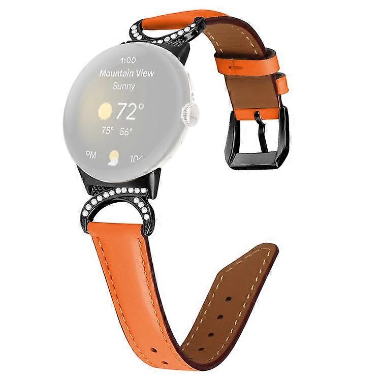 Compatible For Google Pixel Watch Rhinestone Decor D-shape Connector Split Leather Replacement Strap with Black Buckle