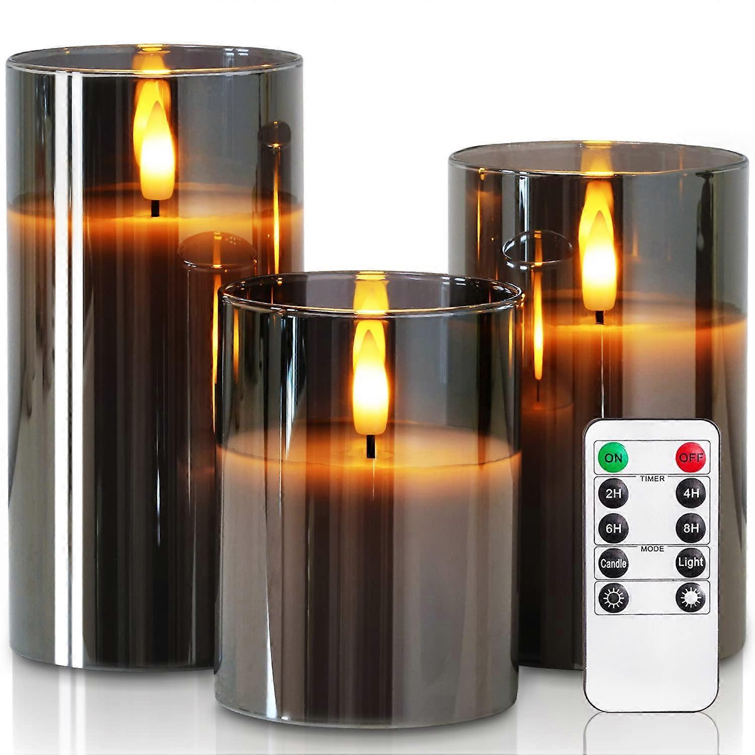 Host Gray Glass Flameless Candles, Remote Control LED Column Candles, Battery-Powered Real Wax, 3x3x4.5 Inch