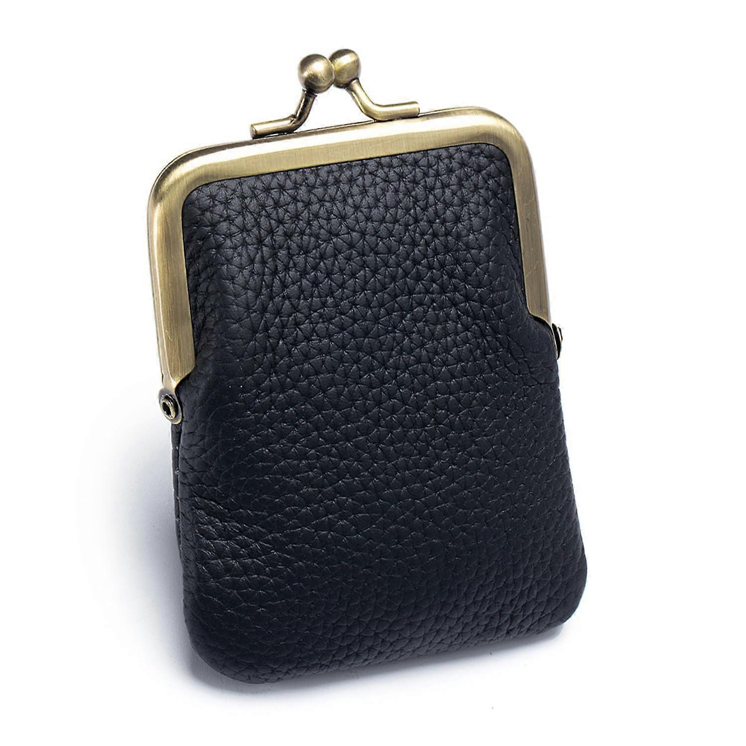 Vintage Mine Pouch Kissing Lock Wallet Black Leather Editor Style Compact Design with Secure Closure