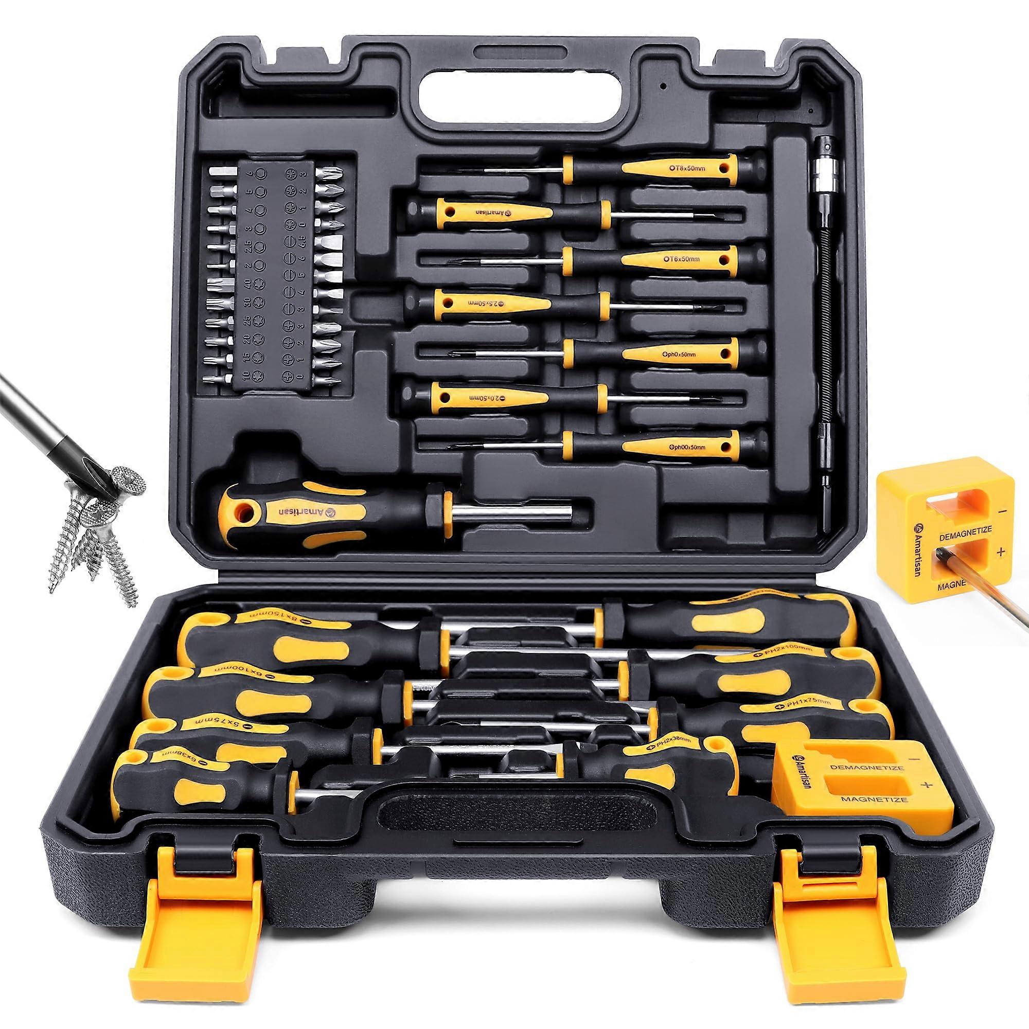 Boxed Magnetic Screwdriver Set, Amartisan 43-Piece Magnetic Tool Kit with Phillips, Hex, and Groove Bits