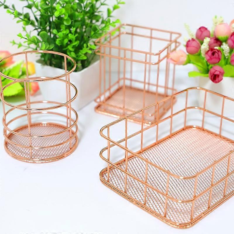 Modern Minimalist Office Home Wrought Iron Storage Basket Small Size Rose Gold Net Bottom