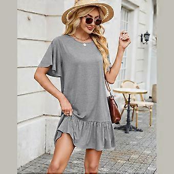 Stylish Flared Short Sleeve Midi T-Shirt Dress with Crewneck for