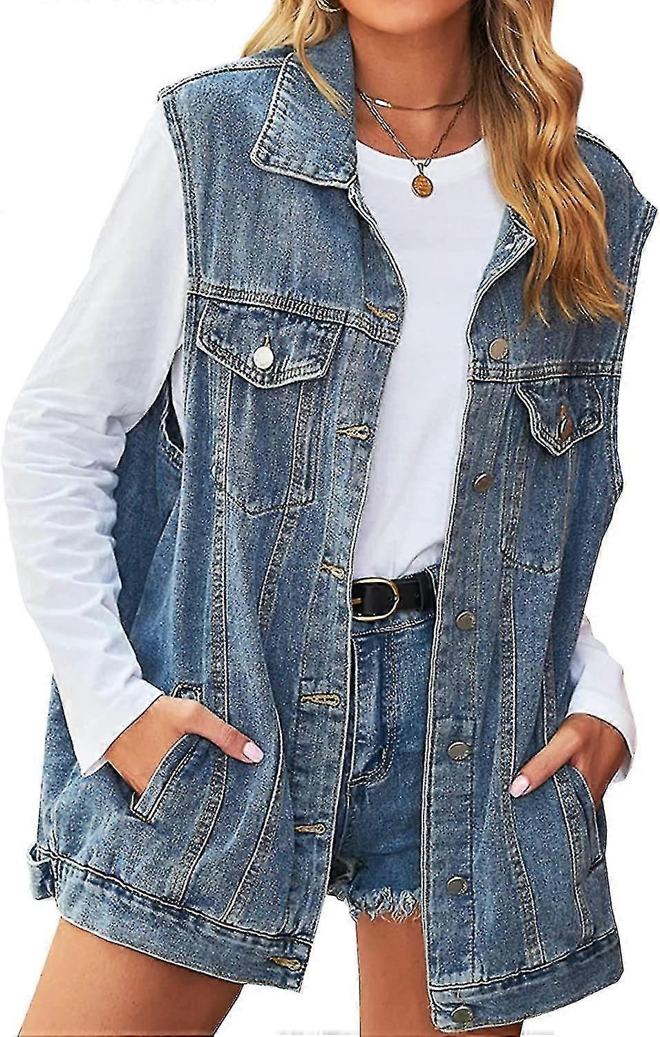 Naisten hihaton farkkutakki, napitettava ja puolipitkä farkkuliivi