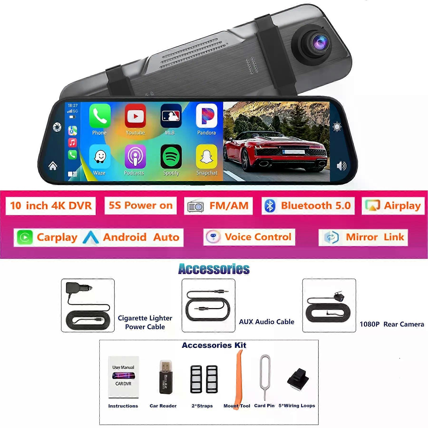 10 '' 4K Spiegel Dash Cam Dual-Kamera mit Wireless Carplay Android Auto Einparkhilfe Loop Aufnahme Navigation