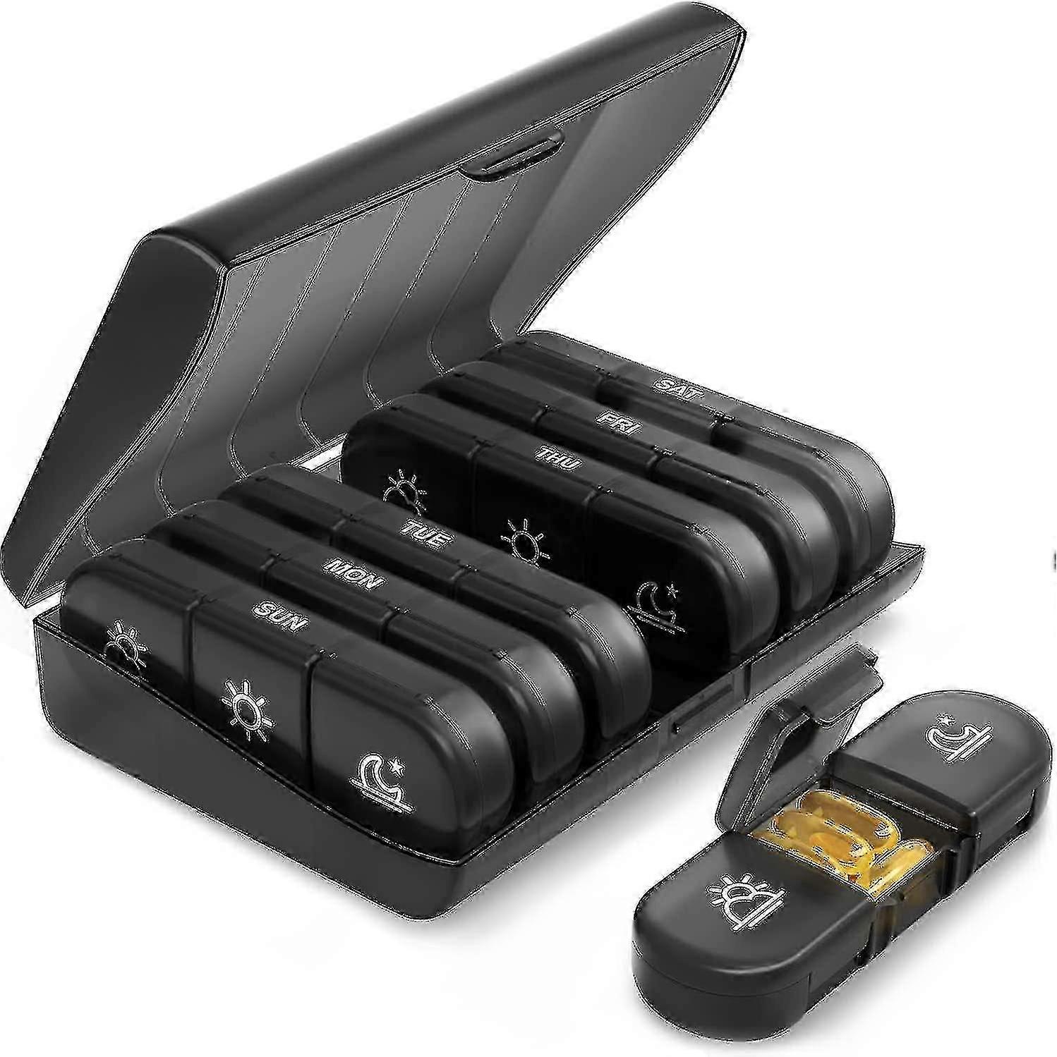 ピルオーガナイザー 1日3回、ポータブルトラベルピルボックス7日(黒)