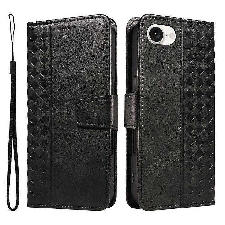 Compatible For iPhone 16e Grids Imprinted Leather Wallet Stand Phone Cover with Strap