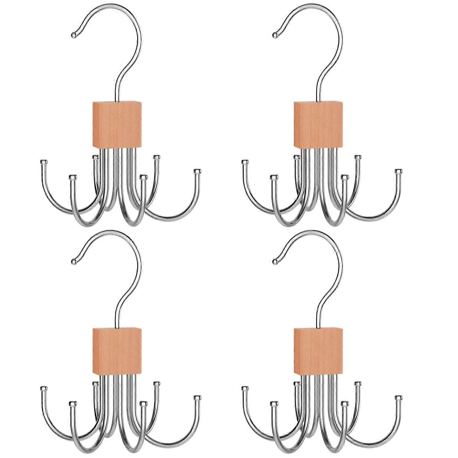 4 pieces rotatable tie hanger with wood block and stainless steel hooks, compact and foldable for scarves, hats and bags