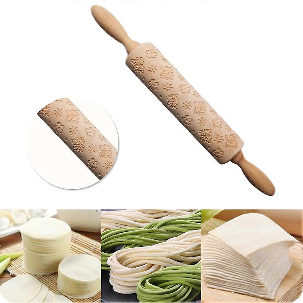 Cookie Rolling Pin Wooden Fondant Rolling Butterflies and Flowers Pattern Light Brown 35x4.5x4.5cm 1Set
