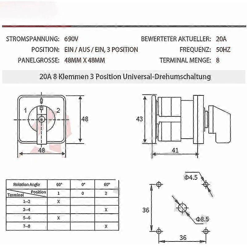 Universal 20a 3 posición 8 Terminal 690v Interruptor rotativo de leva