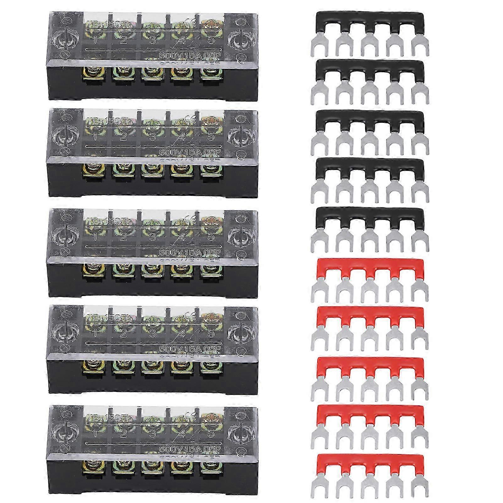 5pcs Dual Row 5 Positions 600V 15A Screw Terminal Block + 10 Pre Insulated Terminal Barrier Strip