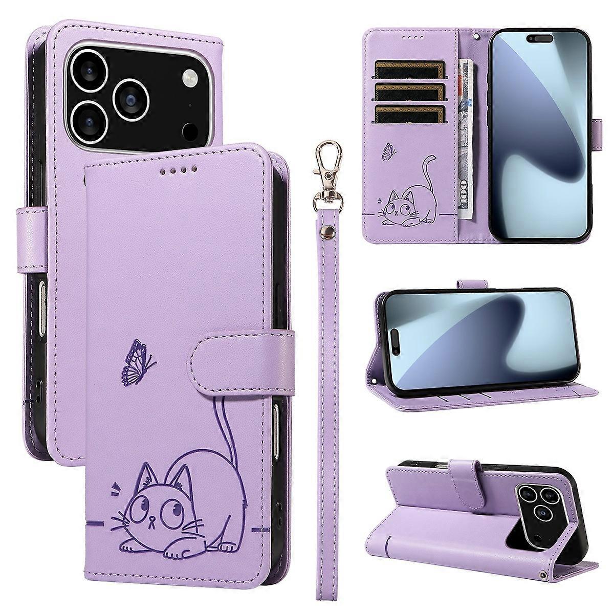 For iPhone 17 Pro Case Cat Pattern Imprint Leather Phone Cover with Wrist Strap