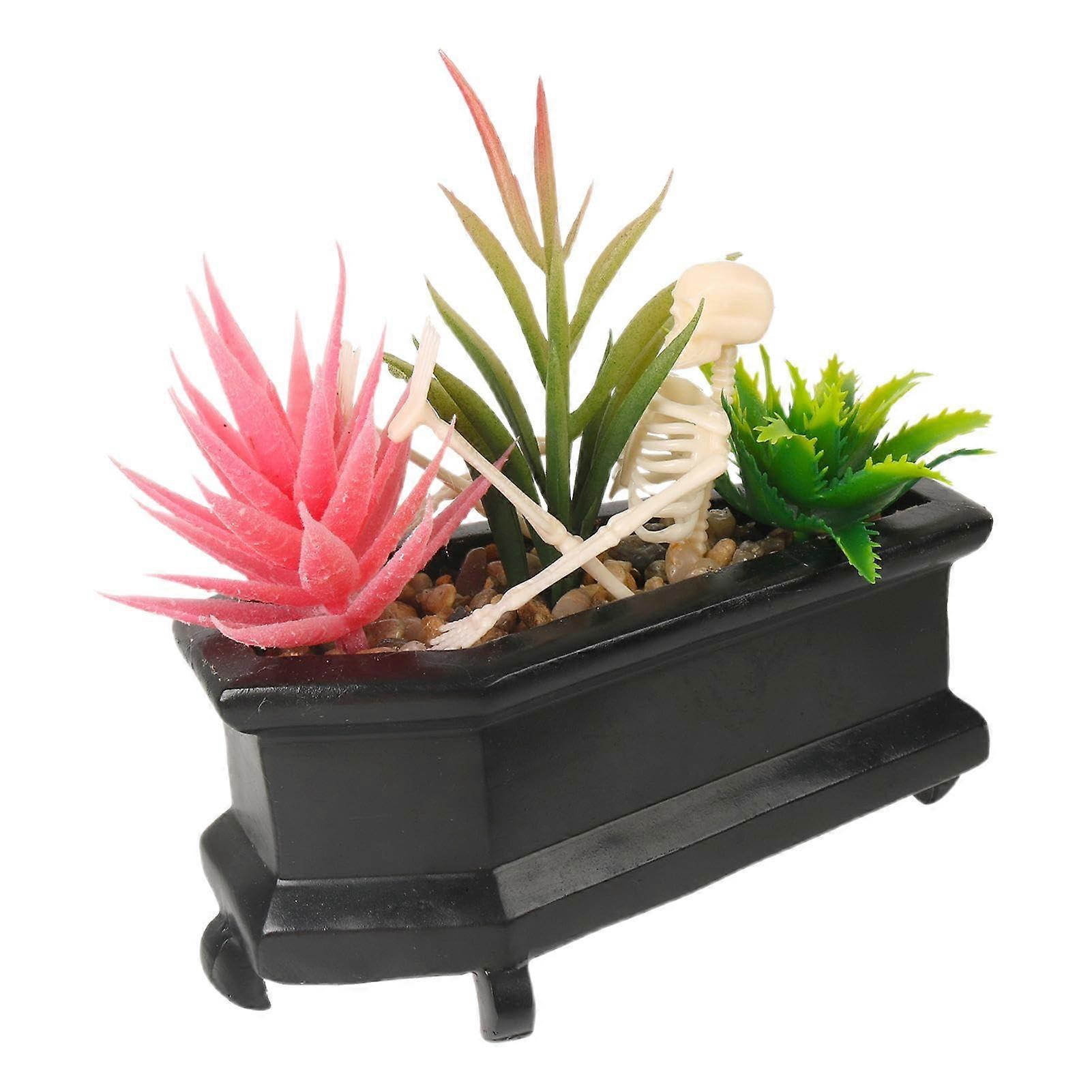 Artificial Succulent Skull Pot, Fake Potted Plant Skull, Artificial Succulents in Pots, Skeleton in Coffin, Desktop Props for Home