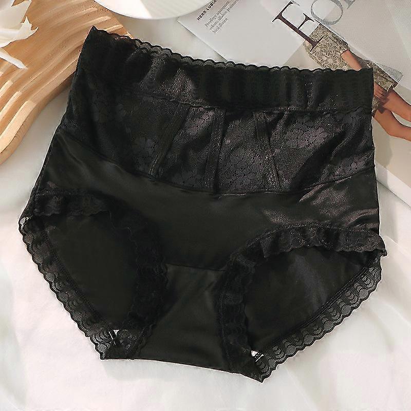 High Waist Satin Retro All-match Hollow Lace Splicing Pure Cotton Silk Antibacterial Crotch Large Size Women's Briefs