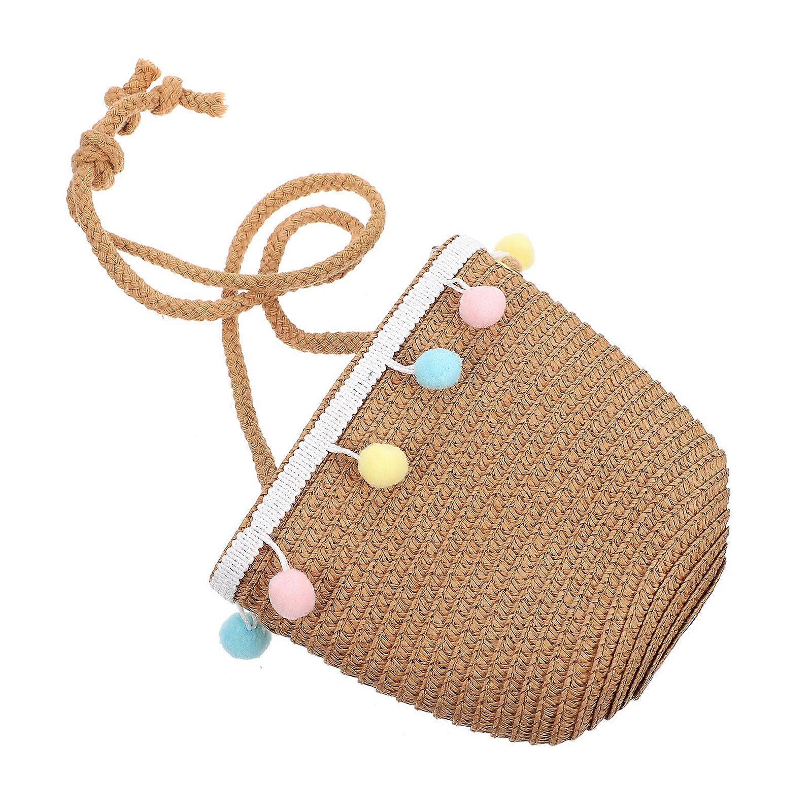 Kids Handbag Straw Bag For Children's Summer Outing Stylish And Simple Khaki Rectangular Storage For Small Items 1Pack