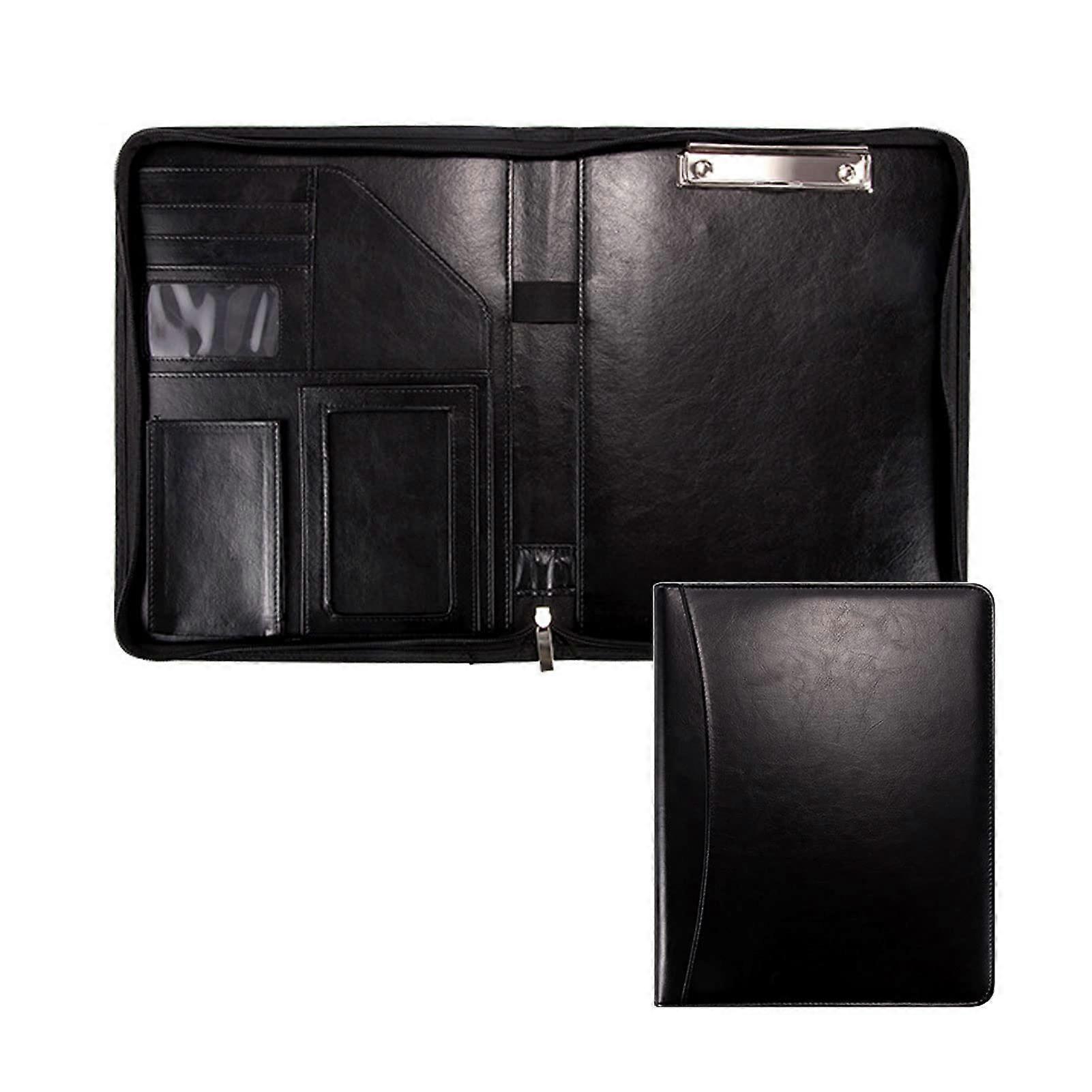A4 Faux Leather Zippered Portfolio with Clipboard Notepad (Black)