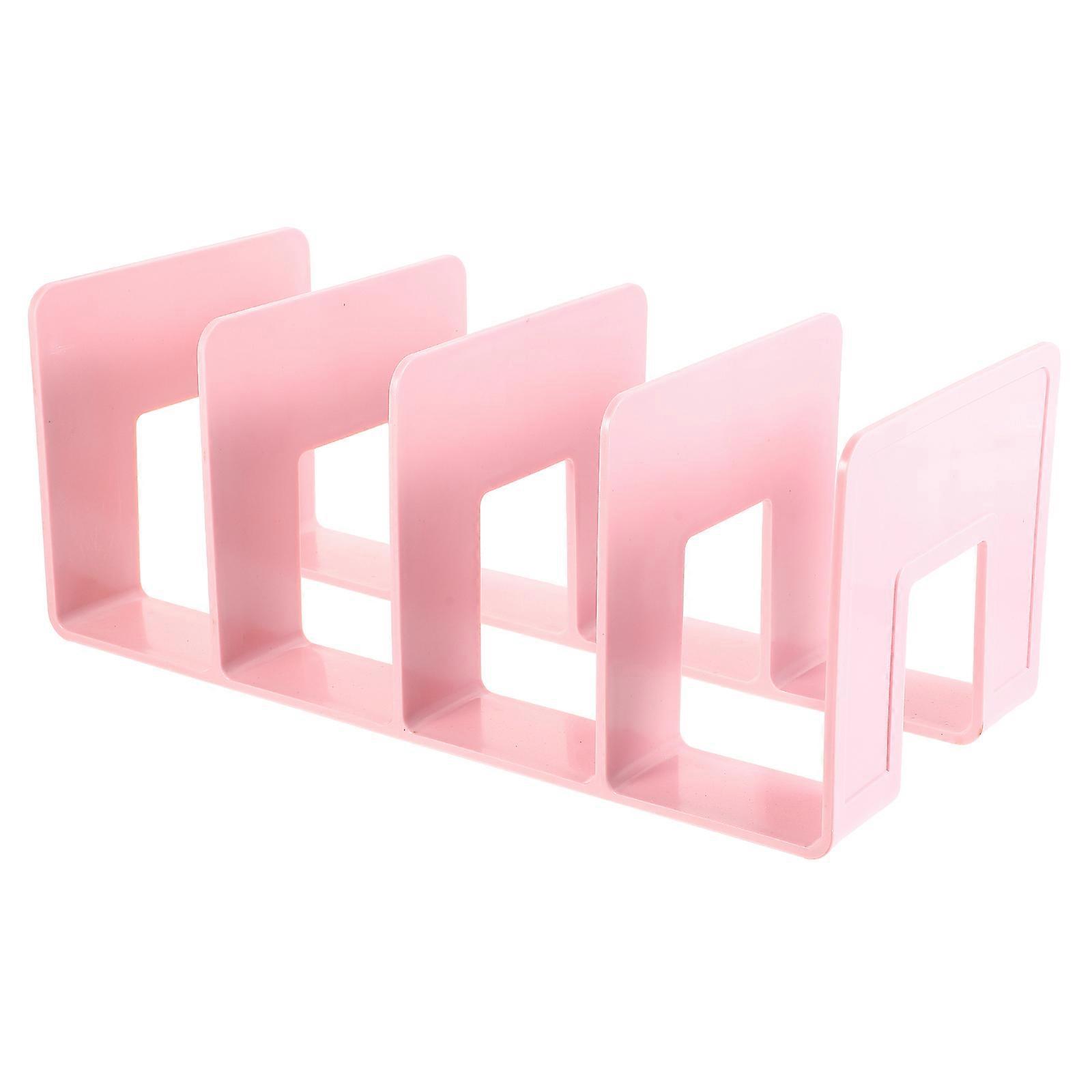Stylish Vertical Book Holder Organizer with Compartments   Pink Desktop File Rack for Office and Home Use   Easy Assembly, Holds Documents,