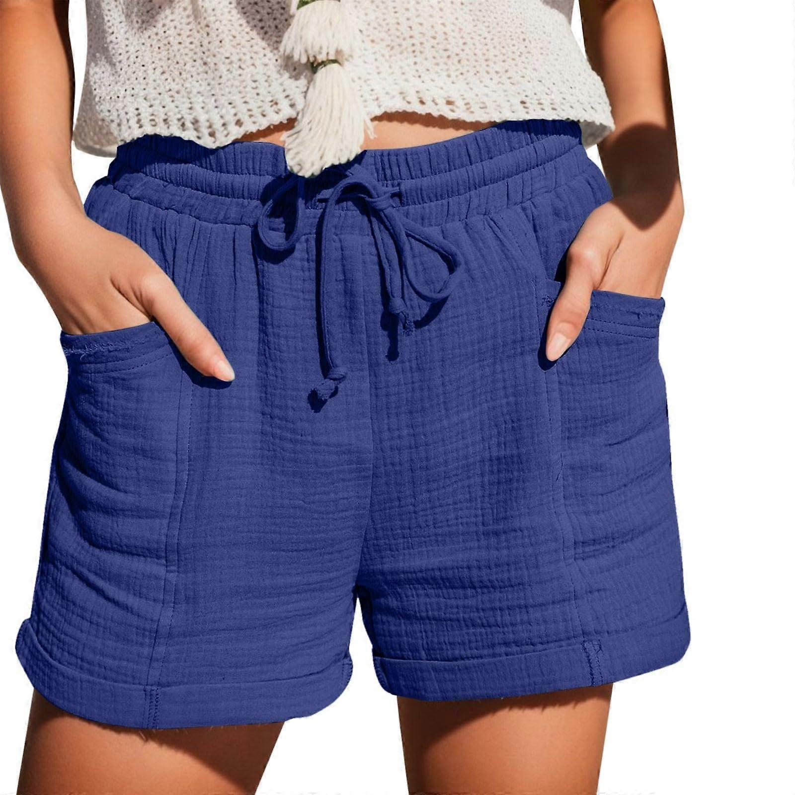 Women's Summer Muslin Shorts With Pockets Drawstring Casual Linen Beach Trousers Size M Blue
