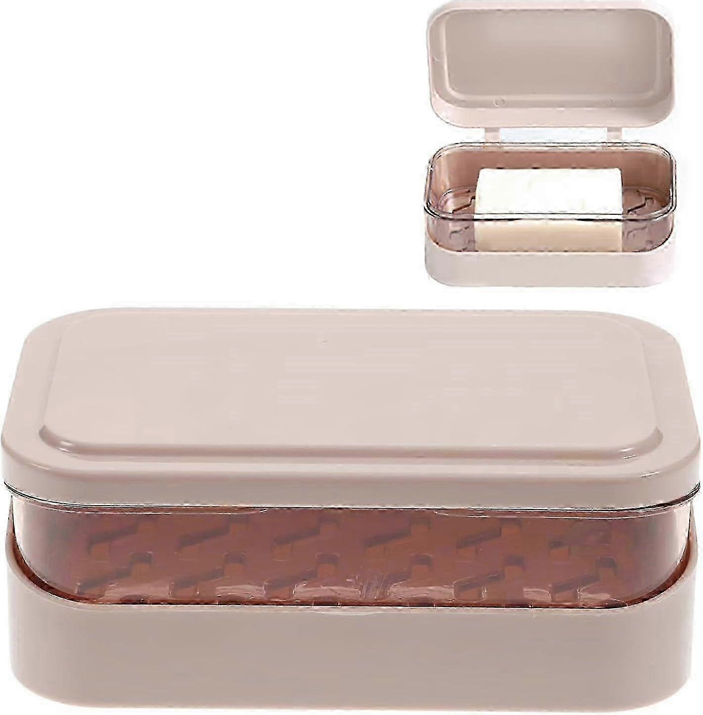 2-Layer Rectangular Plastic Soap Box with Lid & Drainer, Pink Soap Dish for Bathroom Storage
