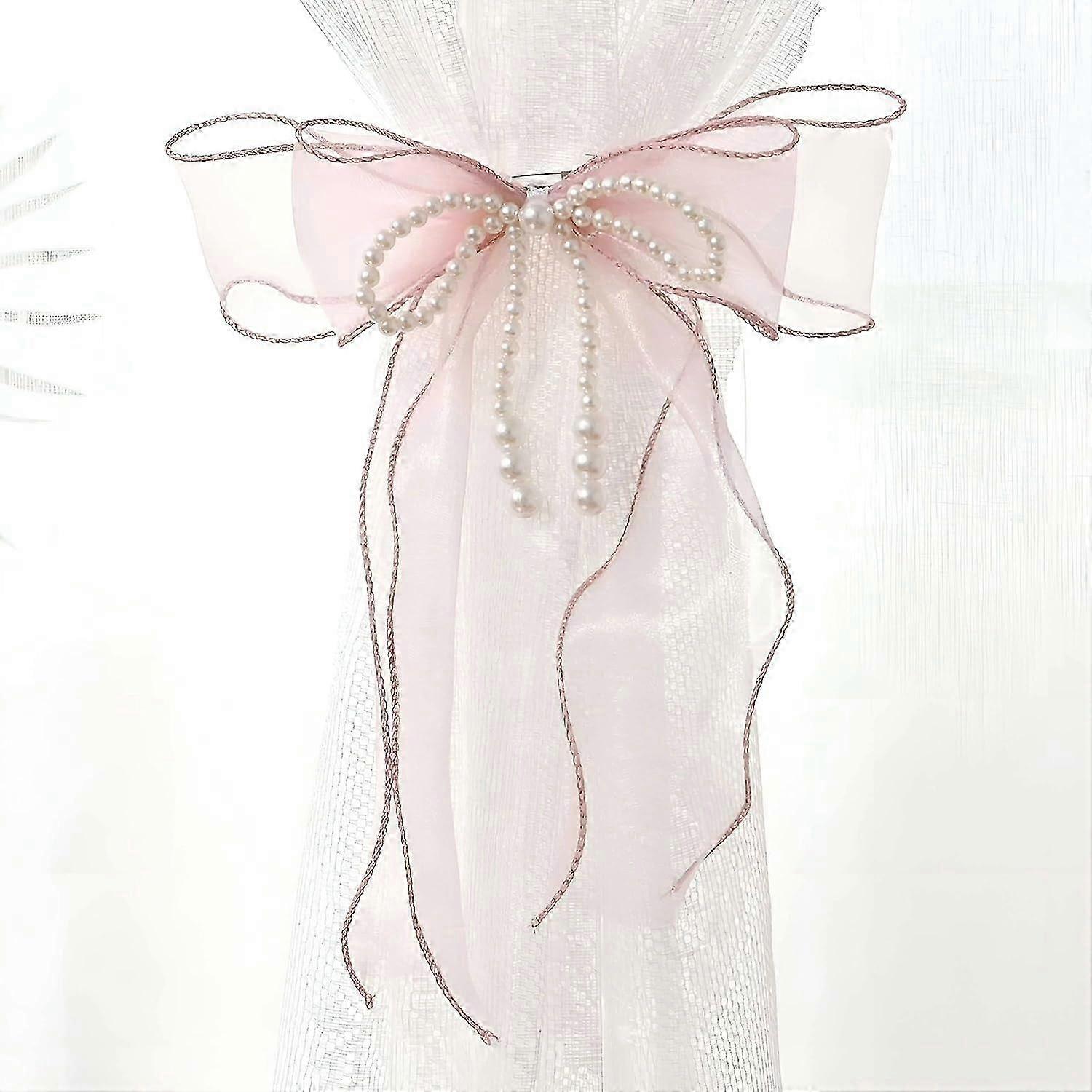 ボウカーテンタイバック2個、真珠とバタフライカーテンタイ、ホームデコラティブピンクのための蝶結びカーテンタイ-ピンク-86cm(33.86in)