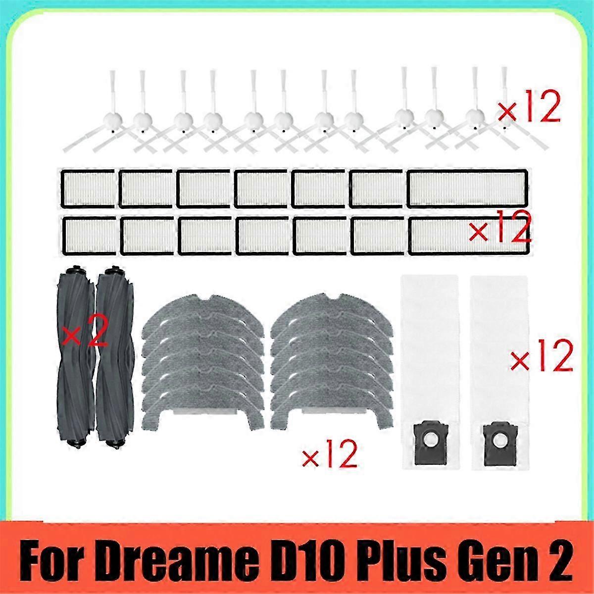 Replace Parts for D10 Plus Gen 2 with RLD32GD Rubber Brush, 12X Side Brush & Hepa Filter Mop Cloth