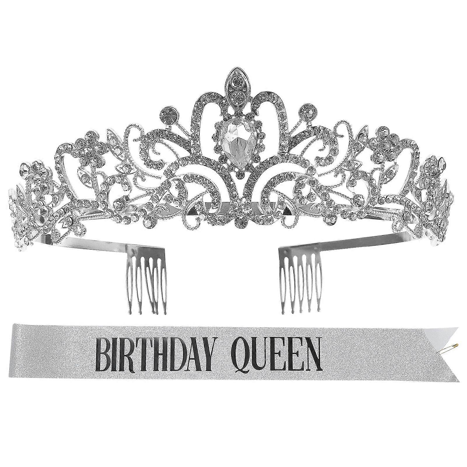 Alloy Party Tiara Birthday Crown with Sash for Decoration Set