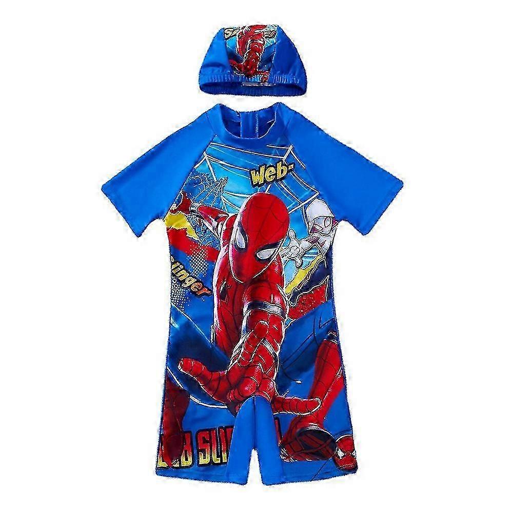 Boys' Spiderman and Batman Print One-Piece Swimsuit Set with Swim Cap