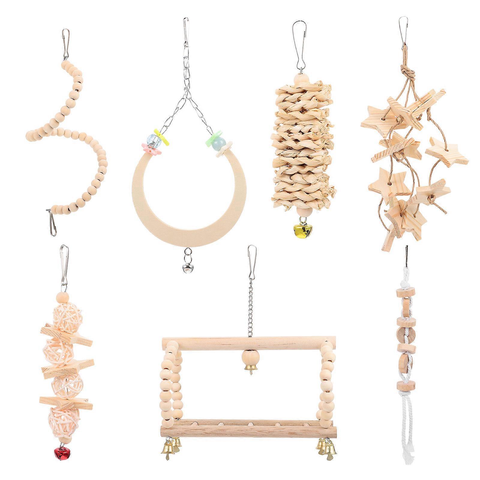 Wooden Parrot Bite Toy Cage Hanging for Bird Playing 2Sets