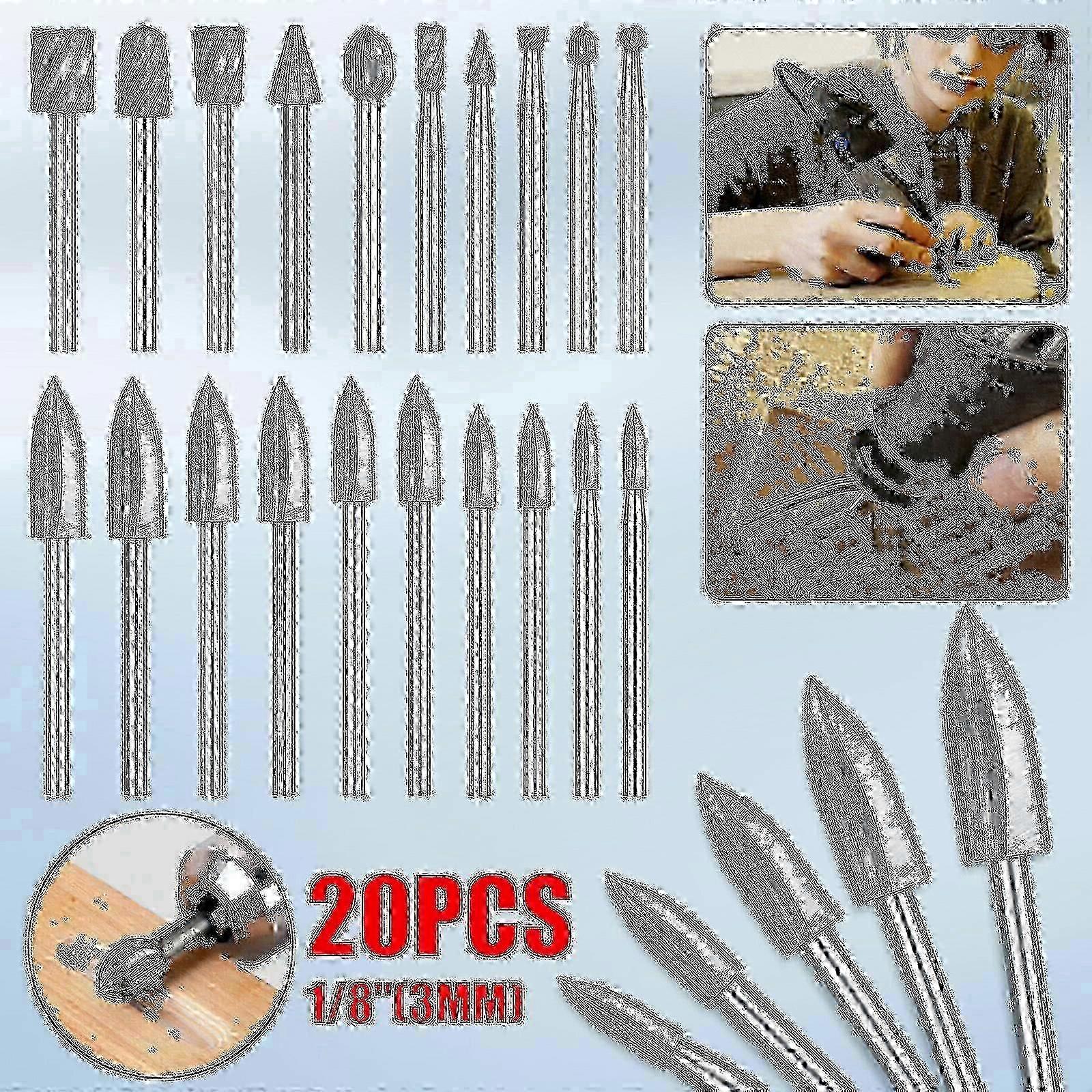 20PCS Wood Carving Bits for Dremel Rotary Tool, Carbide Engraving Drill Set with 10 Shapes Edition 0724