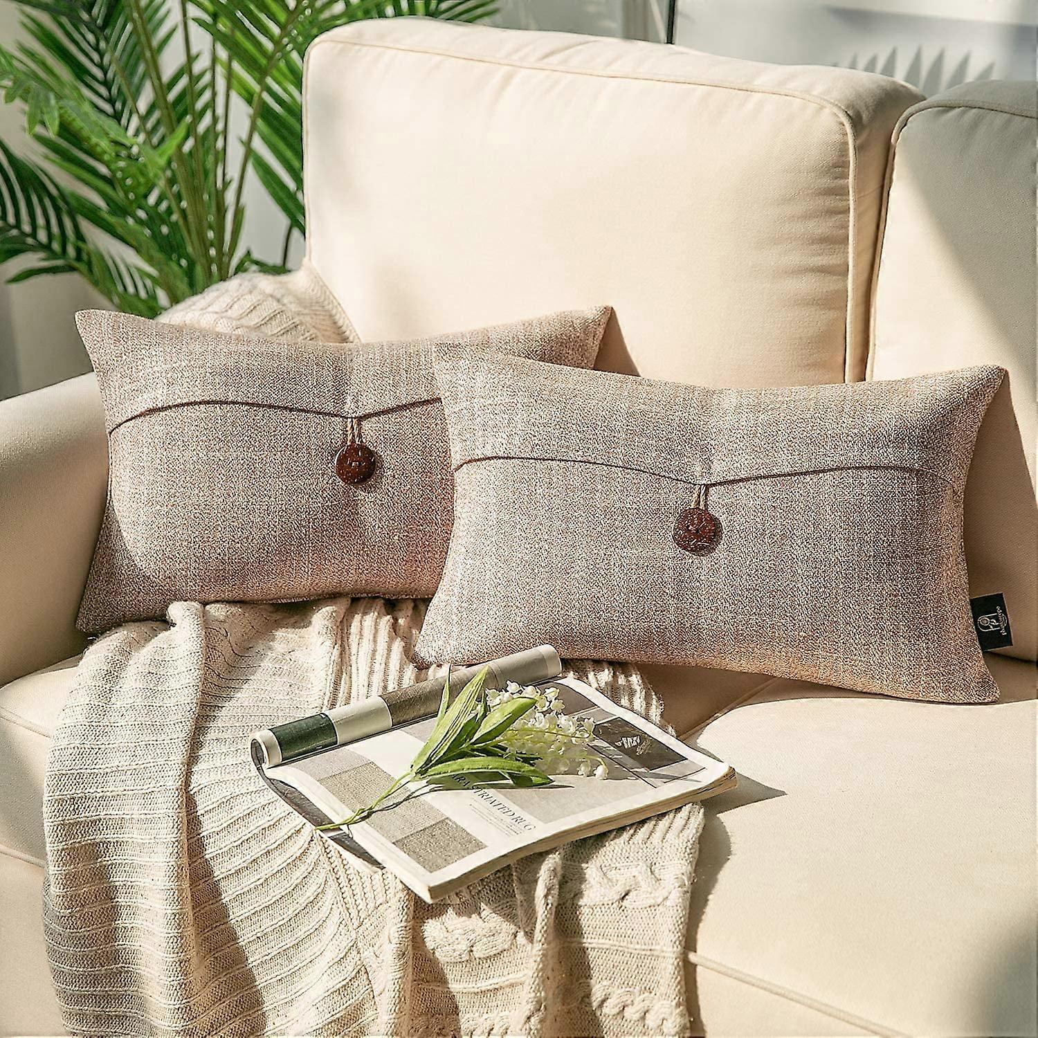 Phantoscope Farmhouse Button Series Decorative Throw Pillow, 12" x 20", Beige, 2 Pack