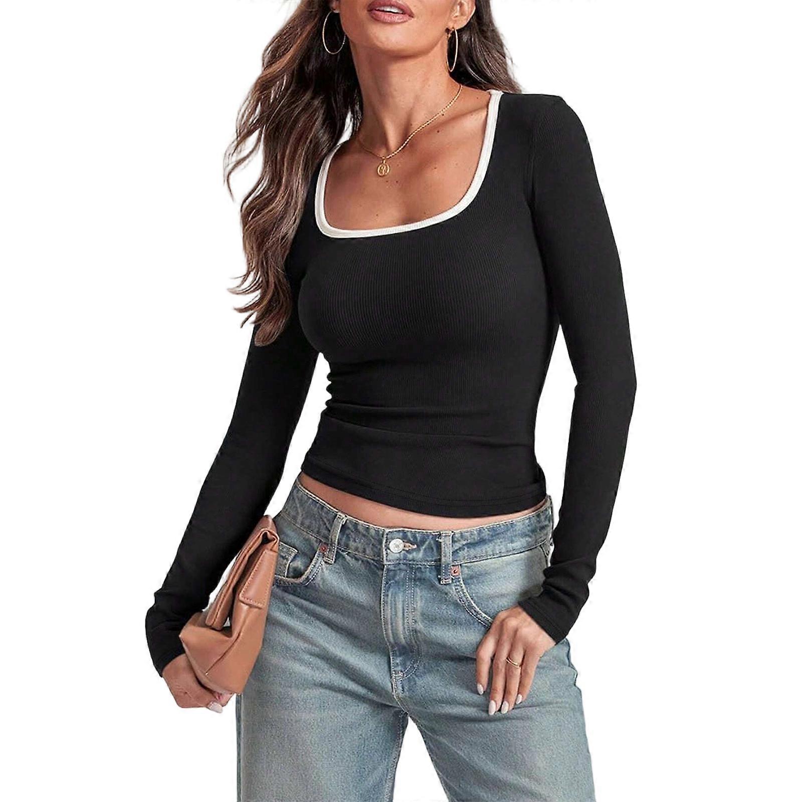 Women's Basic Long Sleeve Square Neck Top  Black S