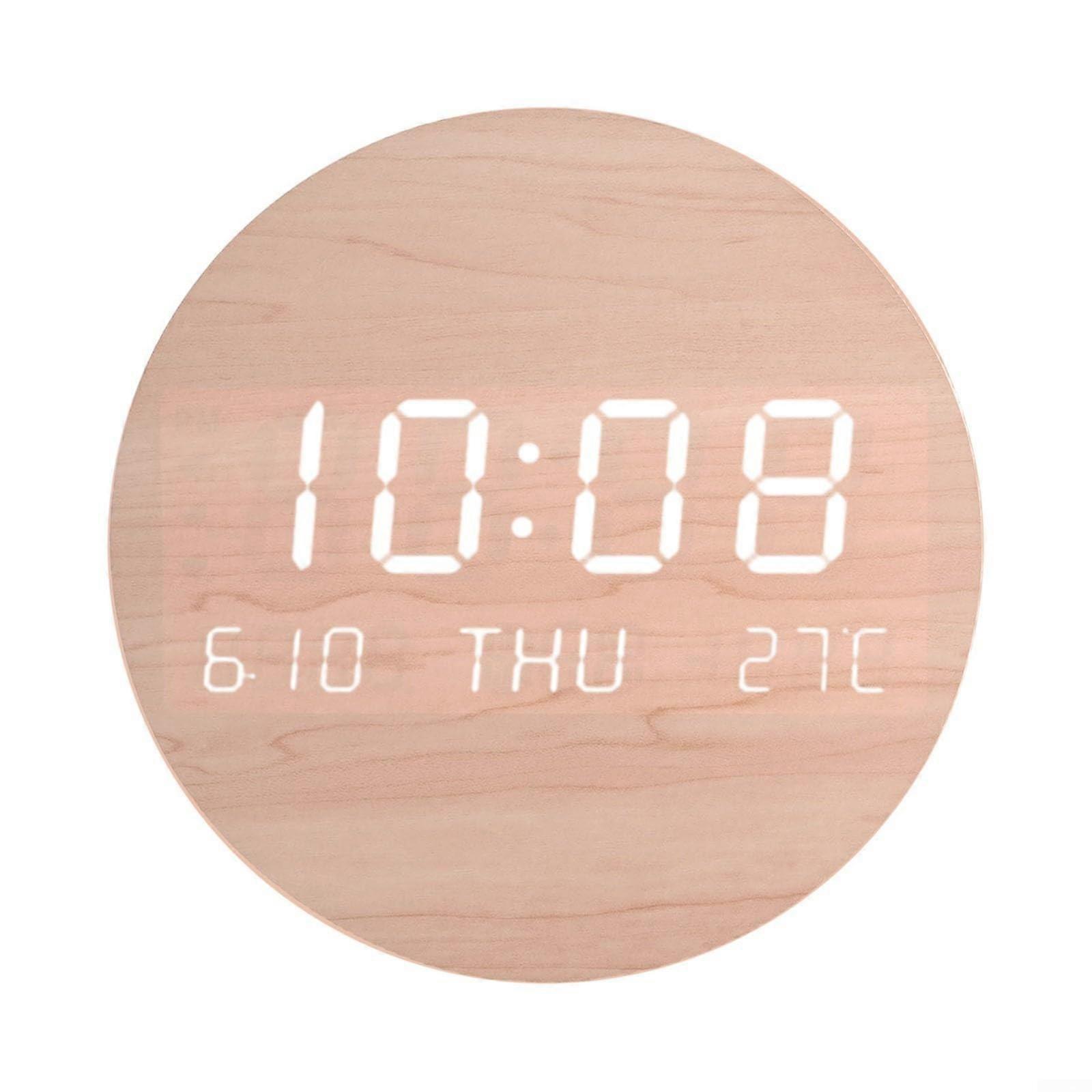 Bedroom Digital Wall Clock With Temperature Date Day Time Display Silent Alarm Solid Wood Color USB Or Battery