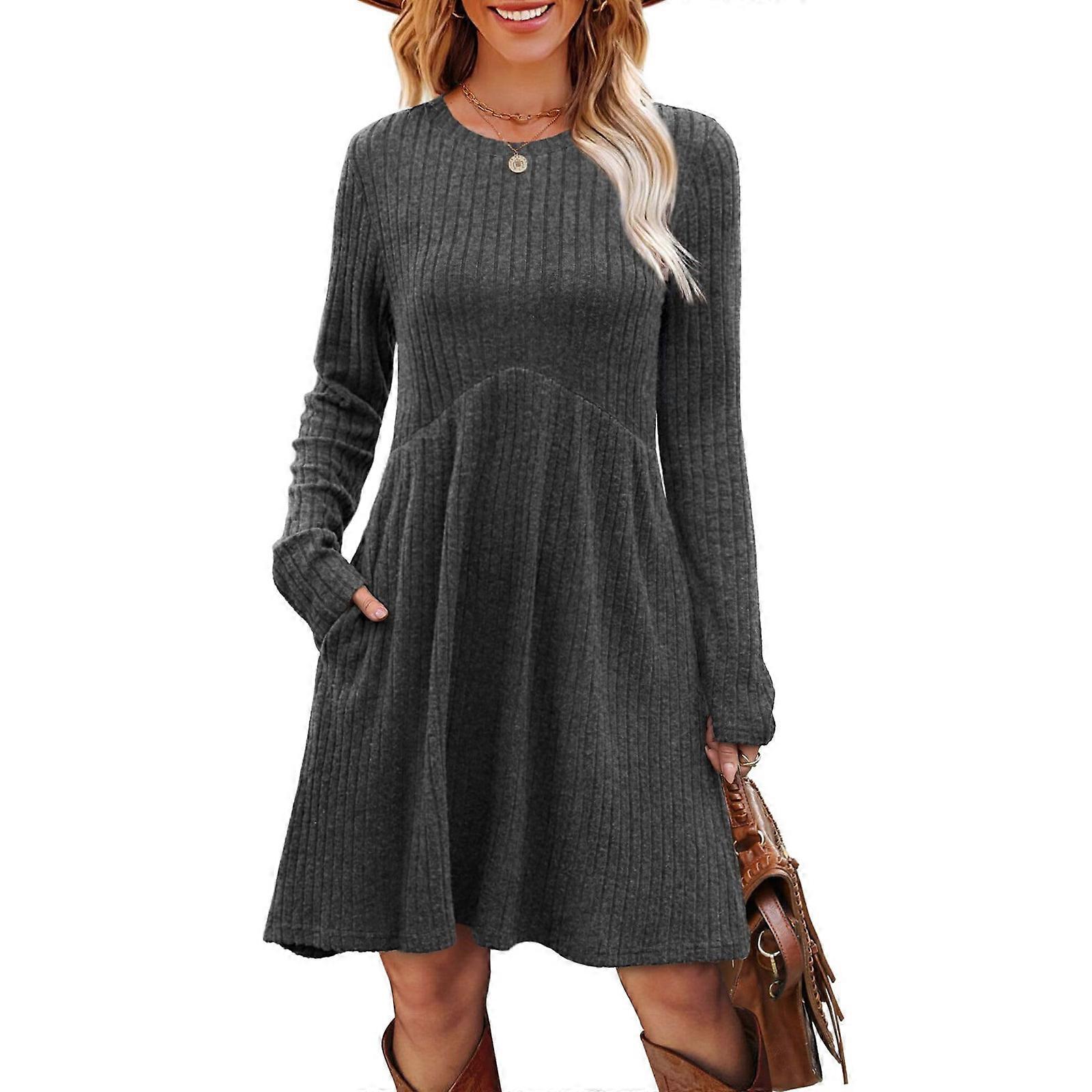 Fall Winter Flexible Long Sleeve Gown Dress Highlighting Comfortable Fit  And Practical Side Pouches Dark Grey L | Fruugo FR