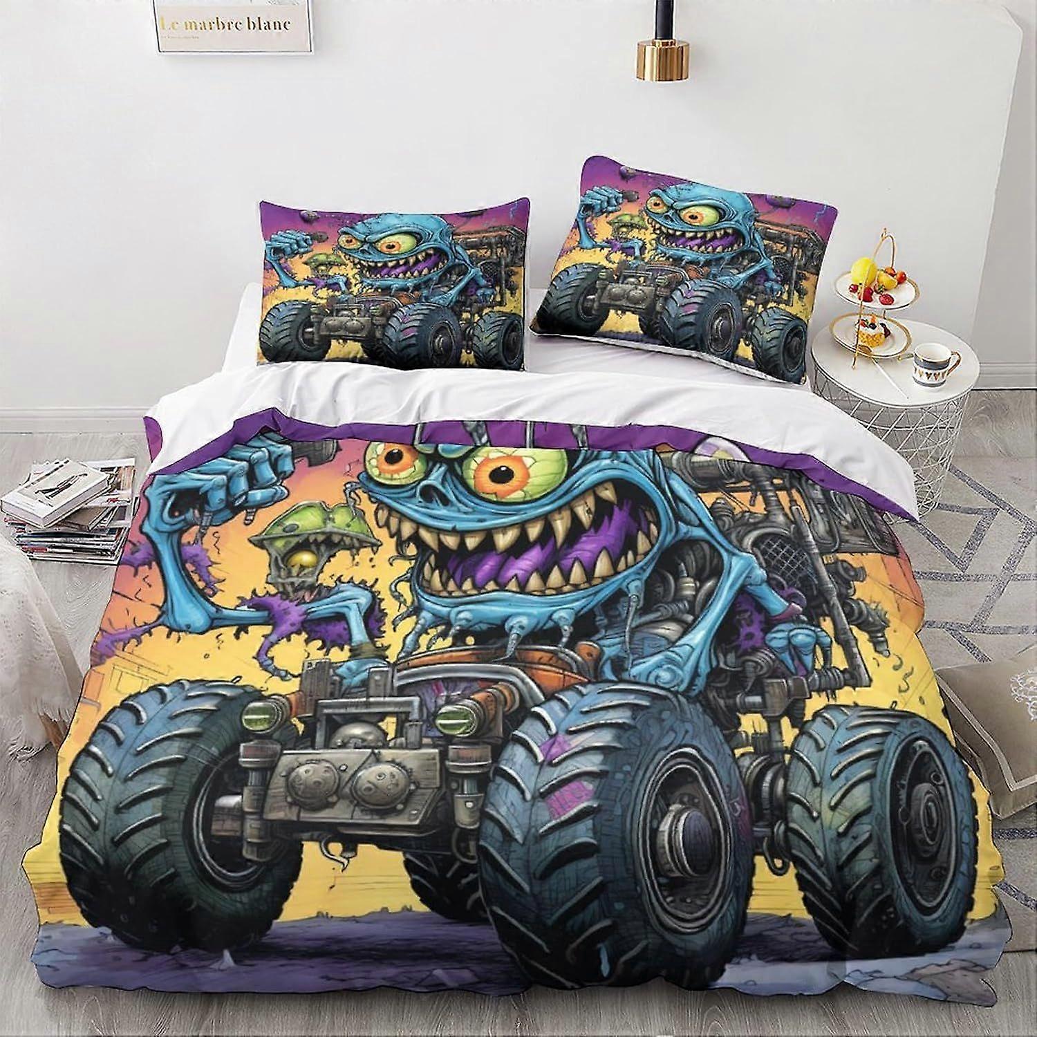 LikeEj 3D impresso vintage carro monstro capa edredom com fronhas desenhos animados jogo de cama com zíper fechamento macio de microfibra colcha capa conjunto rei