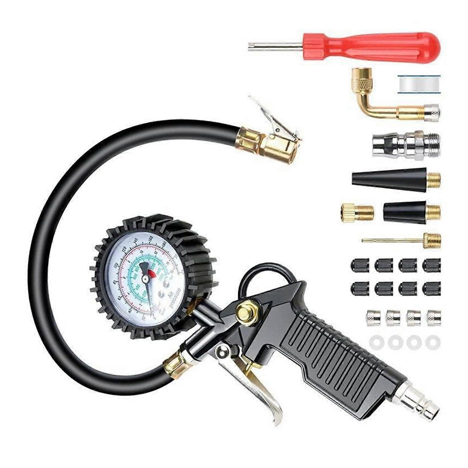 Air Chuck and Compressor Accessory with Rubber Hose Quick Connect Coupler Digital Tire Pressure Gauge Inflator 0-220PSI Multicolor