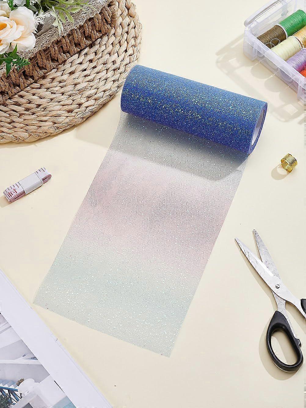 10.00 Yards(9.14m) Royal Blue Polyester Deco Mesh Ribbons Rainbow Gradient Color Glitter Tulle Fabric Sparkling Ribbon Spool Netting for DIY Craft Gif