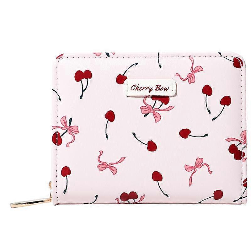 Portefeuille femme à motif nœud papillon cerise fraise et cerise, avec emplacements pour cartes de crédit, fenêtre pour carte d'identité et poche zippée pour la monnaie.