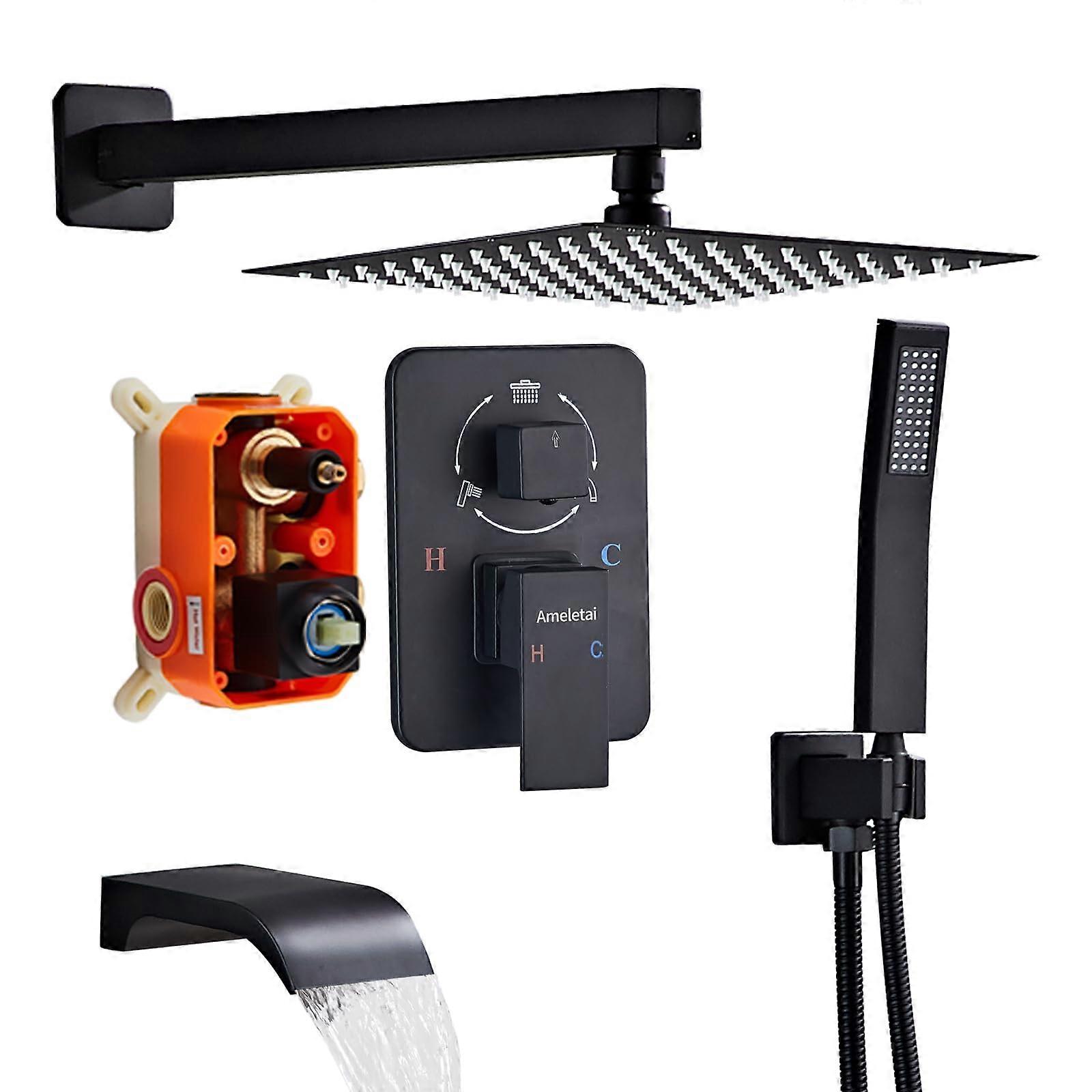 Matte Black Shower Faucet Set 10 Inch Rainfall Head with Handheld and Tub Spout Wall Mounted