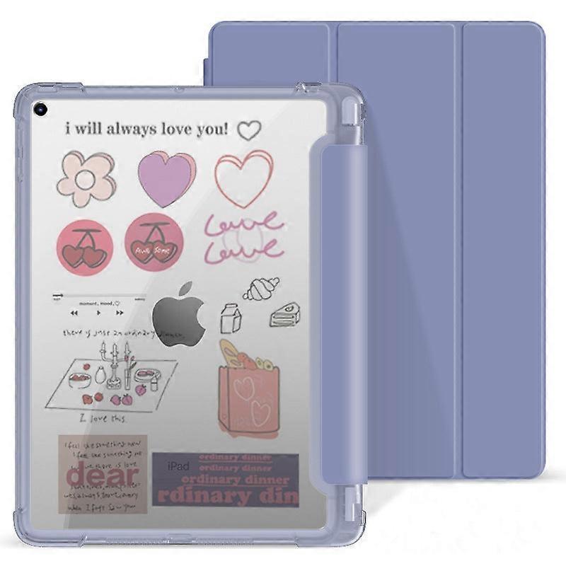 Capa elegante para iPad de 10,2 polegadas com bandeja transparente para caneta, cor lavanda.