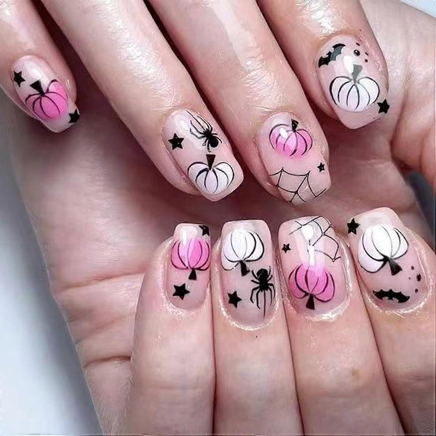 Halloween Press On Nails Short Square Pumpkin Bat Spider Web Design Reusable Acrylic False Nails
